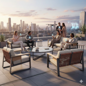 2026 metal furniture industry trends shown by a modern metal-frame outdoor furniture set in a lifestyle scene