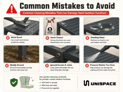 common cleaning mistakes that damage steel outdoor furniture