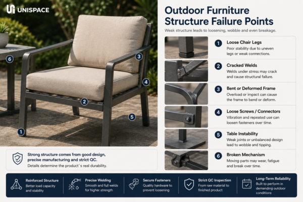 Outdoor furniture structural failure points including welds legs and connectors