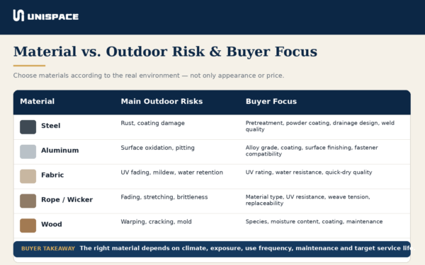 Outdoor furniture materials compared by weather risk and buyer focus