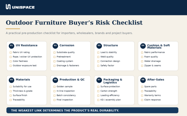 B2B outdoor furniture buyer risk checklist for durability and quality control
