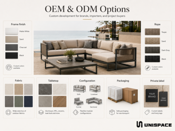 outdoor furniture material selection guide for metal finishes, rope, fabric, foam, and tabletops
