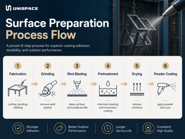 Surface preparation and powder coating process flow for metal outdoor furniture