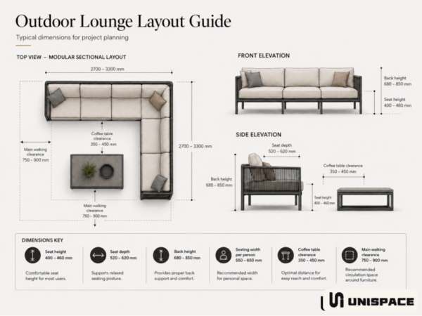 outdoor lounge furniture layout and dimension guide for commercial project planning