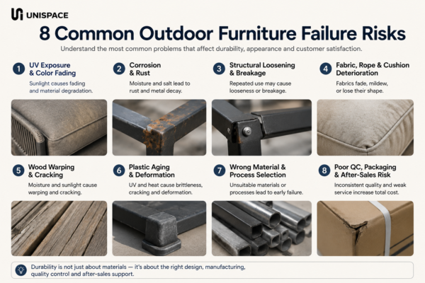 Eight common outdoor furniture failure risks including fading rust and structural damage
