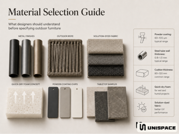 outdoor furniture material selection guide for metal finishes, rope, fabric, foam, and tabletops