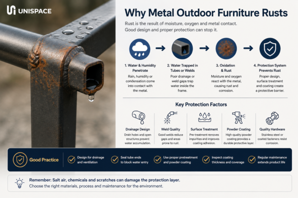 Why metal outdoor furniture rusts and key corrosion protection factors