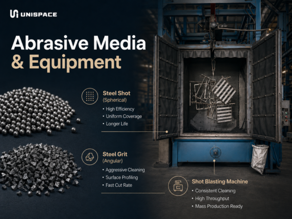 UNISPACE shot blasting equipment and abrasive media for steel outdoor furniture frames