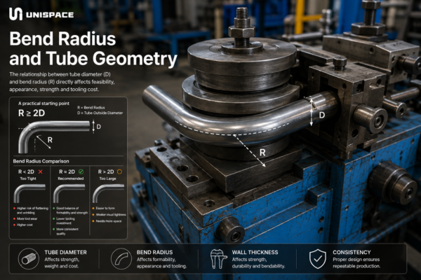 Bend radius, tube diameter and wall thickness all affect manufacturability.