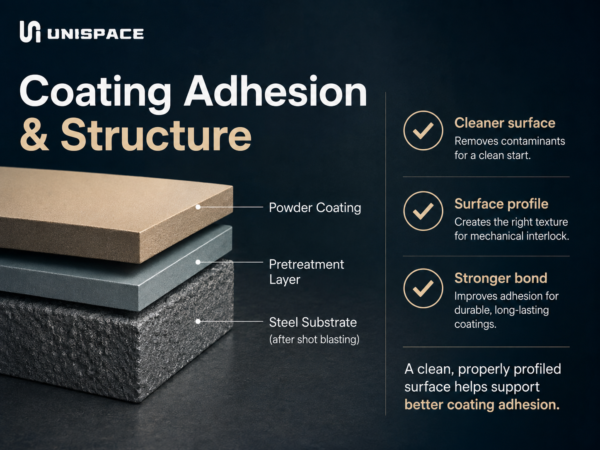 Powder coating adhesion structure on shot-blasted steel substrate