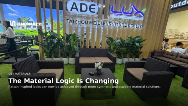 Rattan-look outdoor furniture at Furniture China 2026 demonstrating changing synthetic material and molded surface technologies.