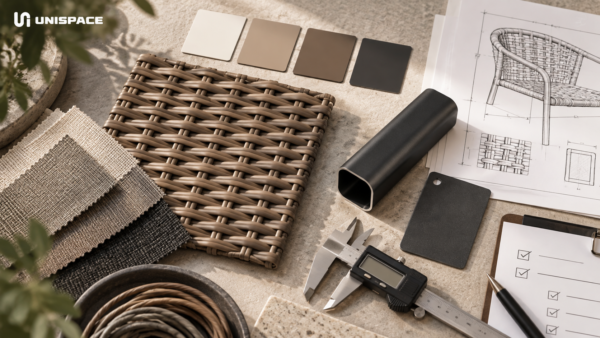 A complete specification connects the visible weave, hidden structure, outdoor performance and inspection standard.