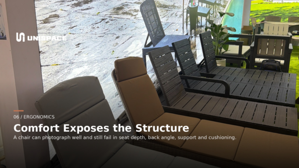 Outdoor chaise lounges at Furniture China 2026 illustrating the importance of seat geometry, back angle and cushion support.
