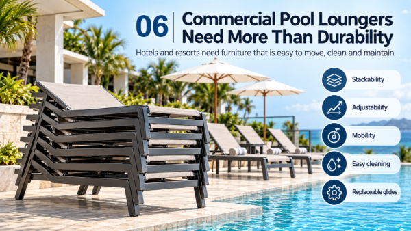 Stackable commercial pool loungers at a resort with operational features
