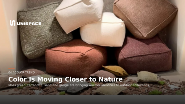 Earth-tone palette featuring terracotta, moss green, sand and warm neutral colors for 2026 outdoor furniture collections.