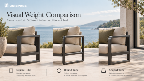  square round shaped tube outdoor sofa visual weight comparison