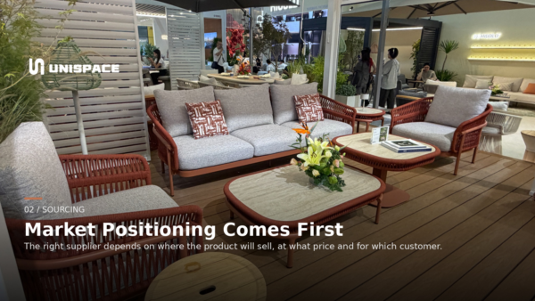 Terracotta-toned outdoor sofa and lounge set at Furniture China 2026 illustrating how product positioning affects supplier and product decisions.