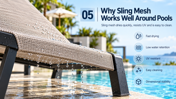 Outdoor sling mesh allowing water to pass through a poolside lounger seat
