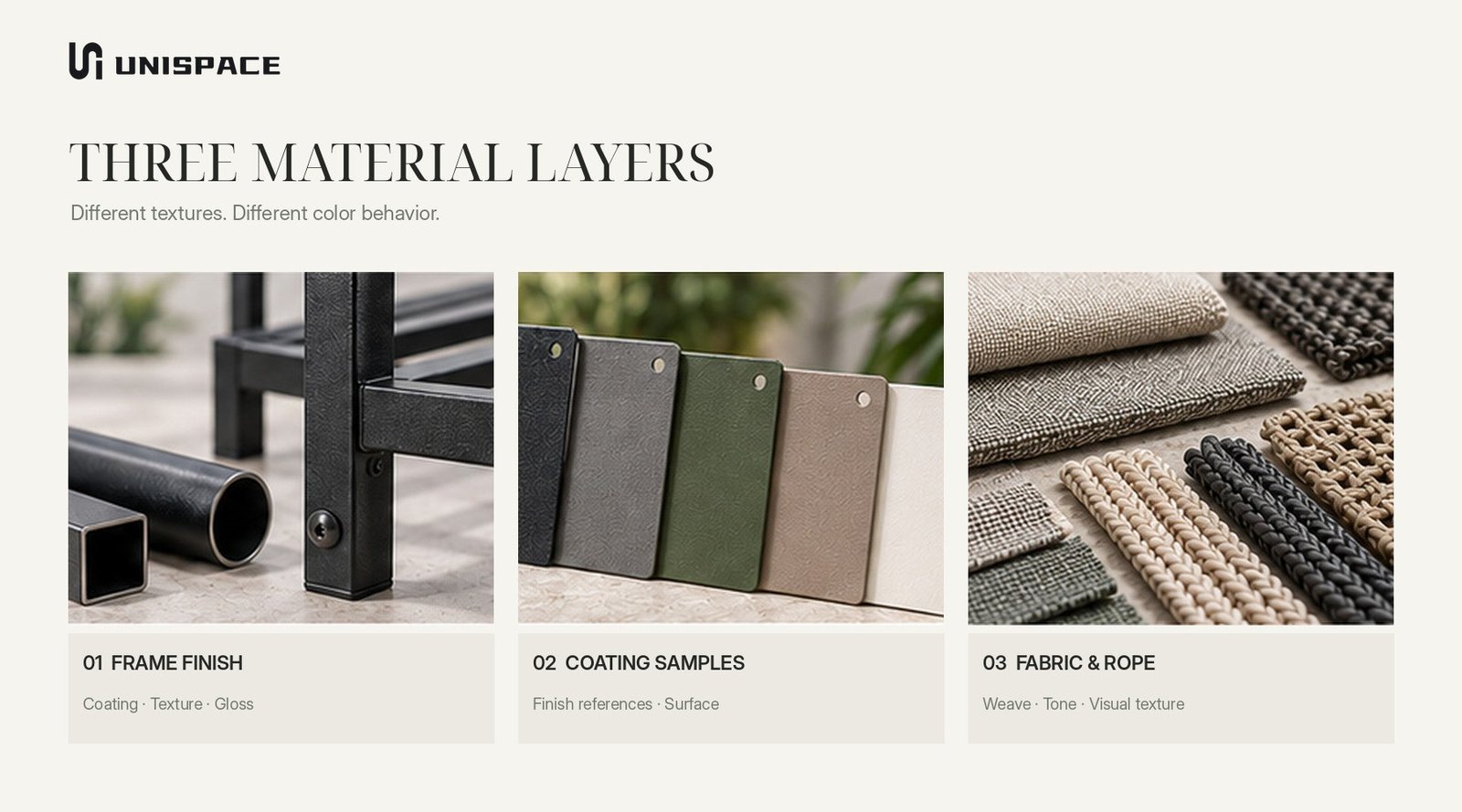 Material color consistency for outdoor sofa powder coated metal fabric and woven rope