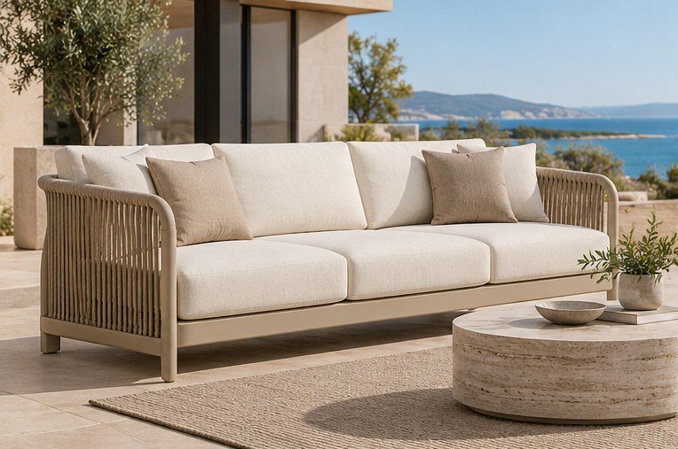 Warm Minimalism outdoor sofa sand frame warm white cushions and taupe rope