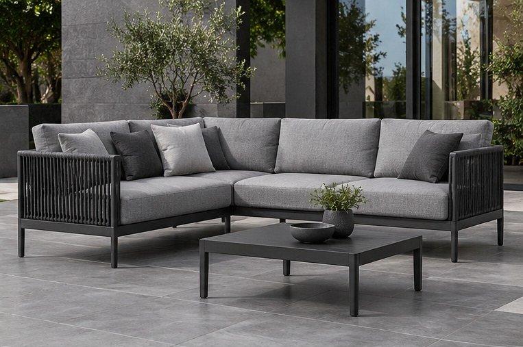 Urban Contrast outdoor sofa charcoal frame light gray cushions and graphite rope