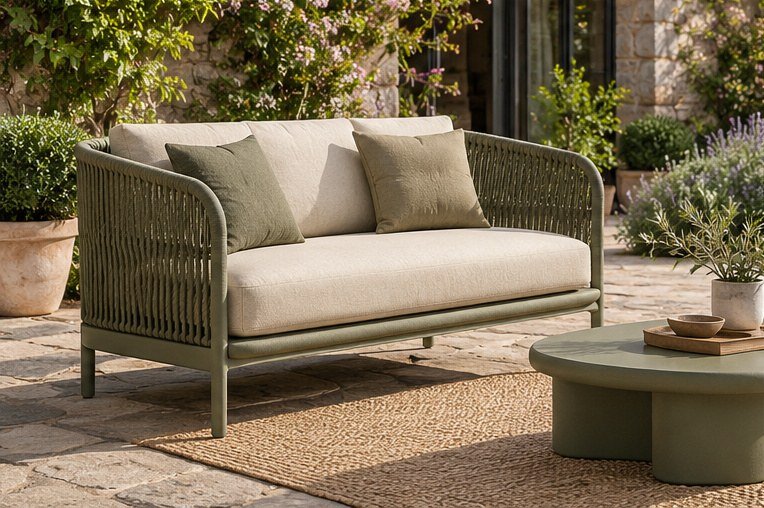 Natural Harmony outdoor sofa muted olive frame beige cushions and natural woven rope