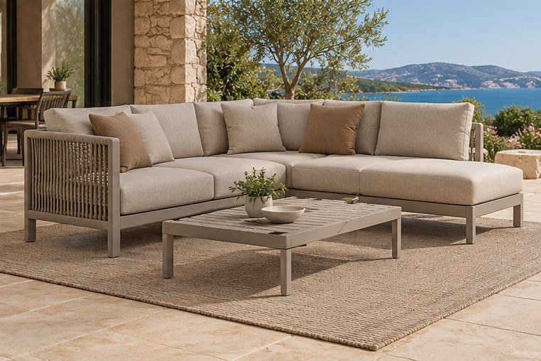 Soft Earth outdoor sofa warm gray frame oatmeal cushions and clay taupe rope