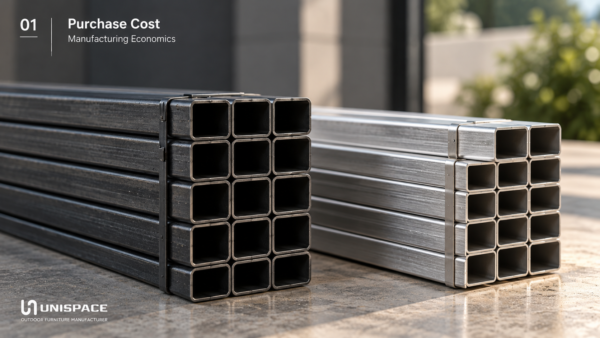 Steel and aluminum profiles used in outdoor furniture manufacturing.